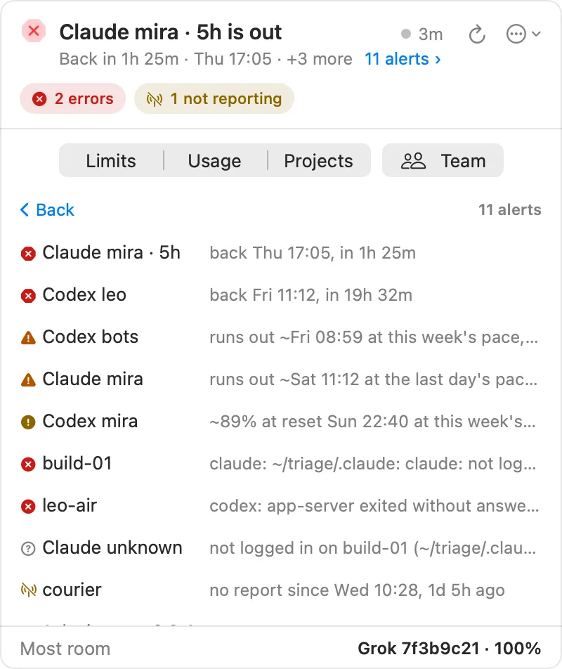 AI Usage listing 11 alerts for a made-up team: Claude mira’s 5-hour limit and Codex leo are out, Codex bots and Claude mira will run out before their reset, Codex mira will be tight, build-01 isn’t logged in to Claude, and courier hasn’t reported for a day.