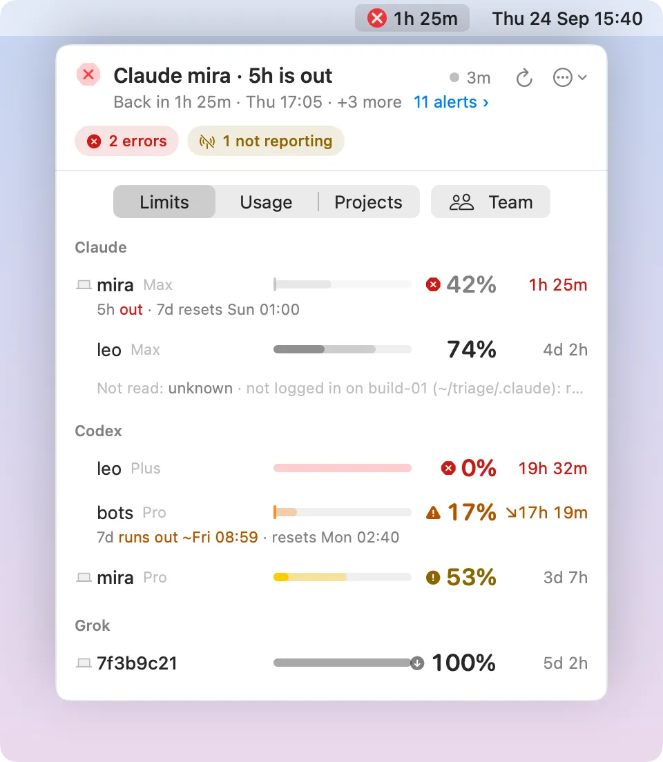 The AI Usage menu bar app for a made-up team: Claude mira’s 5-hour limit is out and back in 1 hour 25 minutes; below it every Claude, Codex, and Grok subscription with what’s left and when it resets, and Codex bots running out on Friday.
