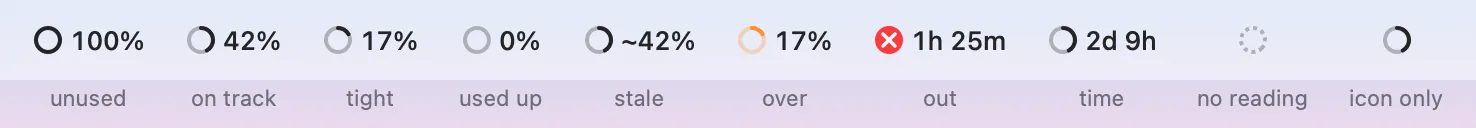 The menu bar ring in each state: 100% unused, 42% on track, 17% tight, 0% used up, about 42% from a stale reading, 17% over in orange, out in red with 1h 25m to go, 2d 9h to the reset, no reading, and the ring alone.