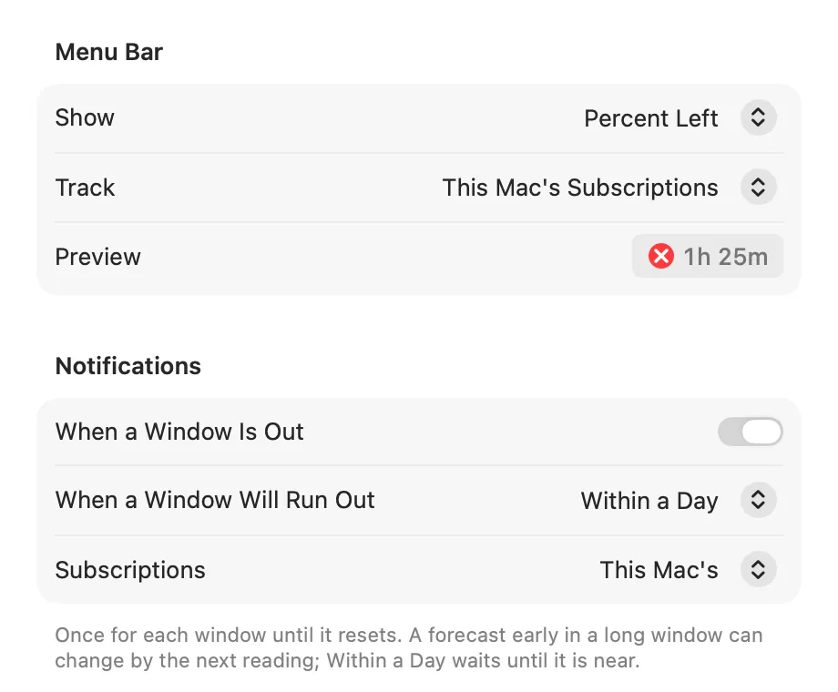 AI Usage settings: the menu bar shows the percent left for this Mac’s subscriptions; notify when a window is out, and when one will run out within a day, for this Mac’s subscriptions.